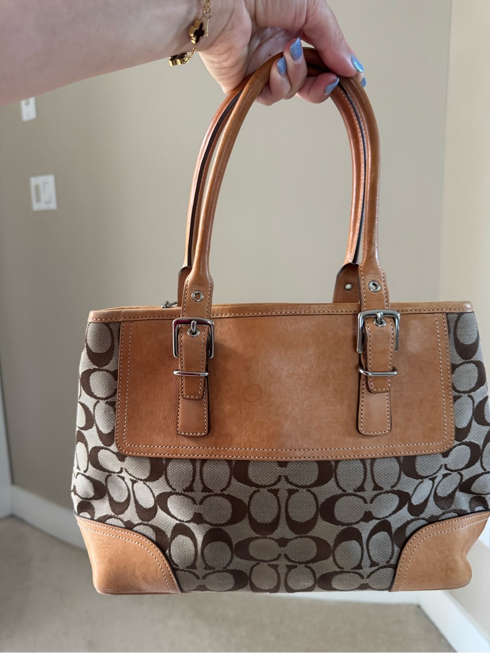 Coach Brown and Beige Signature Canvas Tote with Leather Trim
